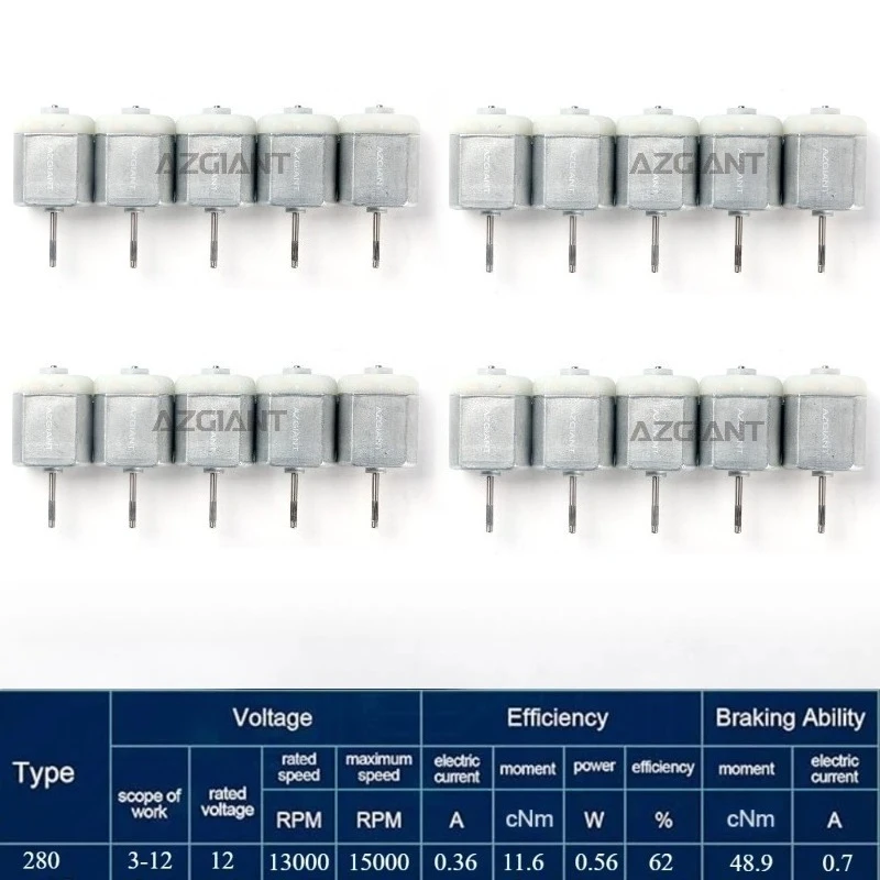 

20PCS 20mm Micro Long Shaft Carbon Brush FC280 High Torque Permanent Magnet Engine Motor Car Lock Block DC 12V 9800 Rpm Durable