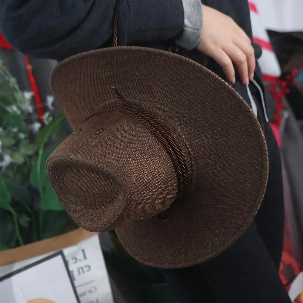 الكتان قبعات رعاة البقر الغربية قبعة قبعة الشاطئ واسعة حافة الصيف قبعة الشمس في الهواء الطلق قناع قبعة الشمس قبعة للحماية الشاطئ قبعة واقية من الشمس الرجال/الذكور