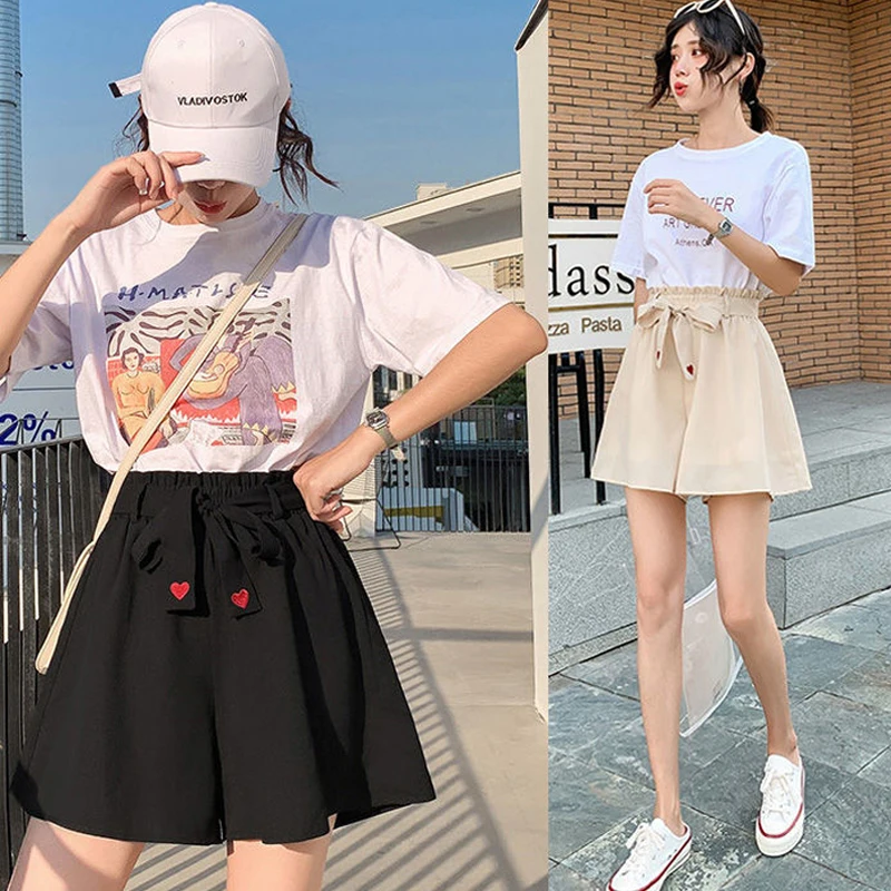 Summer New Embroidery Thin Elastic Waist Loose Shorts Solid Color Wide Leg Pants Simplicity Casual Fashion Women Clothing