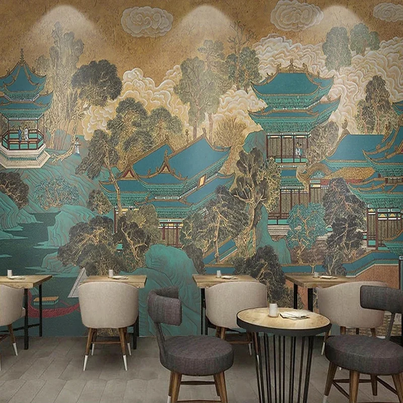 カスタム壁画壁紙-中国風-手描き建築-寺院フレスコ画-リビングルーム-ダイニングルーム-背景壁画-3d
