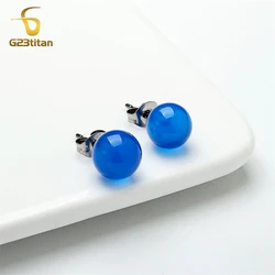Dark Blue Agate Earrings for Men Women Surgical Titanium Ear Piercing Stud 4mm 6mm 8mm Stone Ball Simple Fashion Jewelry Gifts