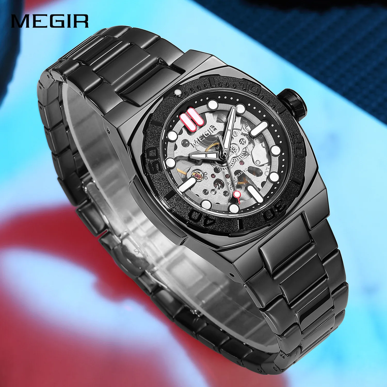 MEGIR Men Watch Luxury Brand Automatic Mechanical Wrist Watches Male Luminous Waterproof Stainless Steel Bracelet Wristwatch