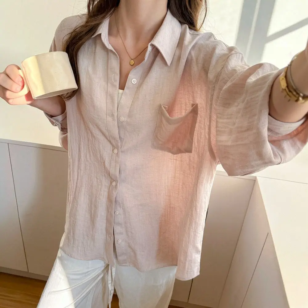 Summer Womens Shirt Linen Blouse Long Sleeve Loose Sunscreen Cardigan Breathable Casual Minimalist Beach Cover Up Top
