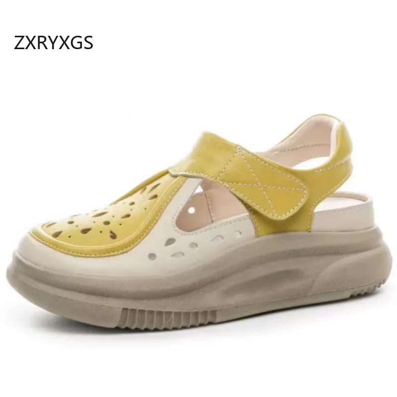 ZXRYXGS Top Layer Cowhide Elegant Fashion Sandals 2026 New Summer Round Toe Hollow Thick Sole Increase Shoe Women Wedges Sandals