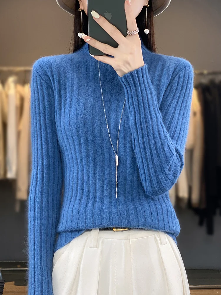 New Knit Womem's Cashmere Sweater Mock Neck Soft Warm Pullover 100% Mink Cashmere Knitwear Winter Female Casual Basic Clothing