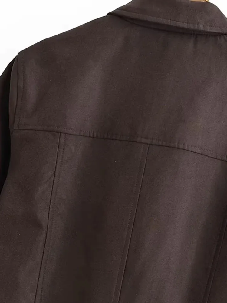 سترة نسائية موضة خريف 2025 عتيقة من جلد الغزال بأكمام طويلة وجيوب معاطف نسائية ضيقة بسحاب عالي الشارع #6