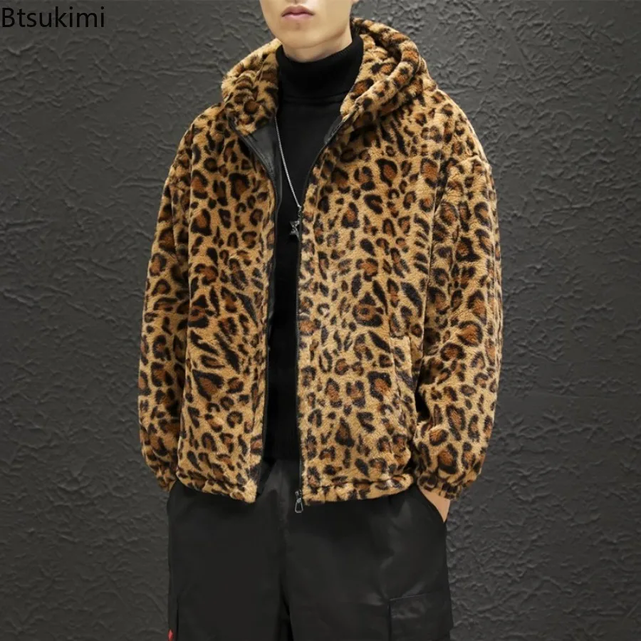 Autumn Winter Men's Hooded Jacket Fashion Couple Leopard Two-side Plush Zipper Coats Causal Loose Windbreaker Outerwear for Men