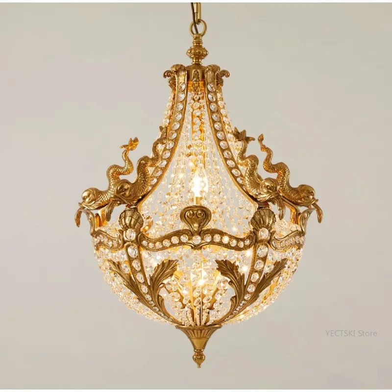 

French style villa entrance, hallway, hallway, luxurious retro creative dragon fish crystal chandelier