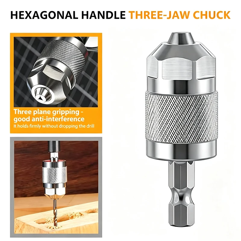 Keyless 3‑Jaw Drill Chuck with Drill Bits 1/4