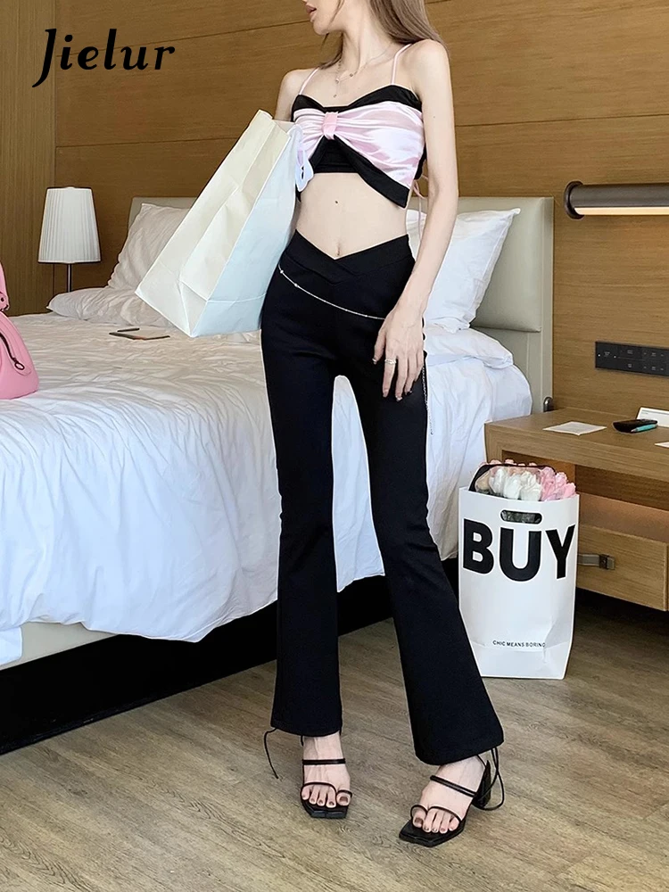 Jielur New Women's Versatile Black Half Elastic V-Waist Casual Pants Spring Korean Fashion Women High Waist Elastic Horn Pants