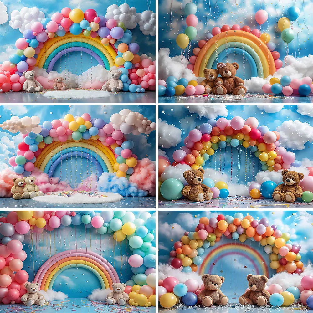 

Mocsicka Photography Background Bear Rainbow Arch Balloon Blue Sky and White Clouds Wall Kids Birthday Cake Smash Backdrop Props