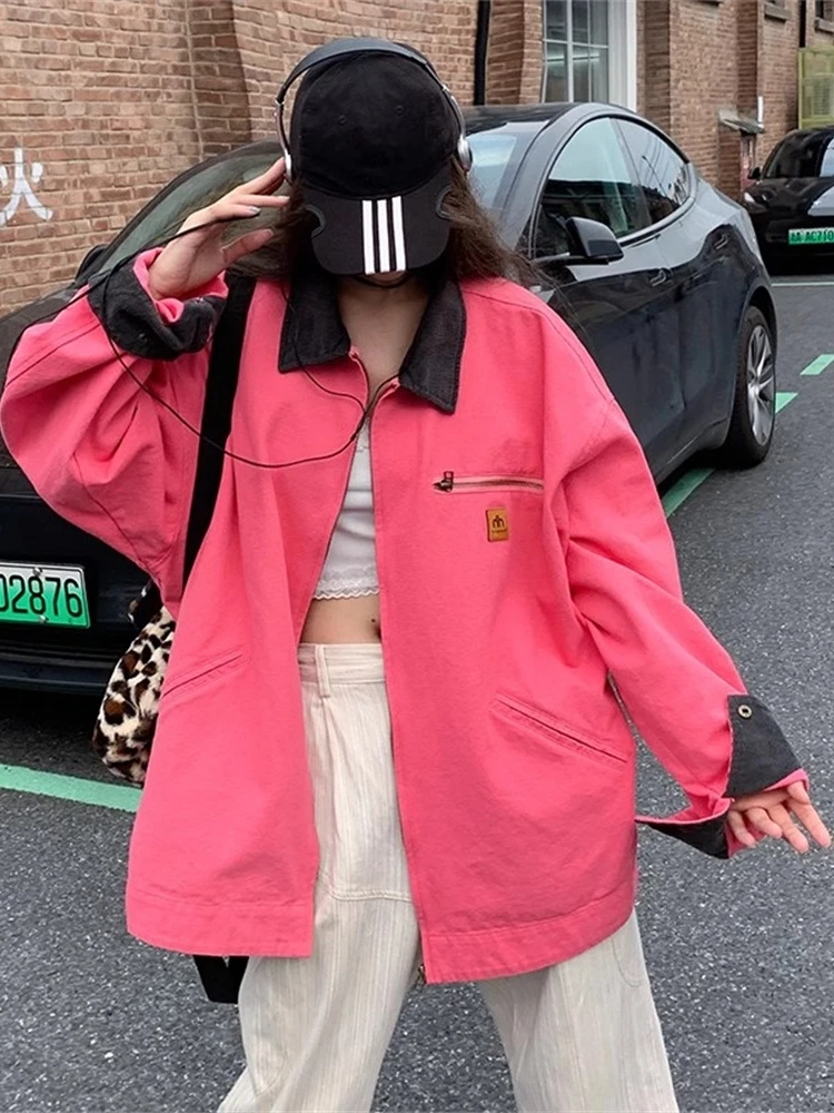 

American Retro Baroque Pink Jaet Men's Spring Autumn Oversize High Street Workwear Casual Loose Fit Zipper Decorated Coat