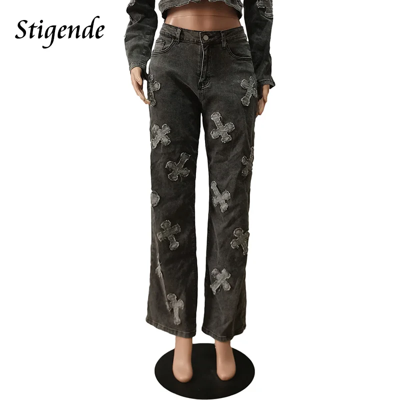 Stigende Patchwork Cross Jeans Y2k Women Wide Leg Ripped Denim Pants Stretch Distressed Jeans