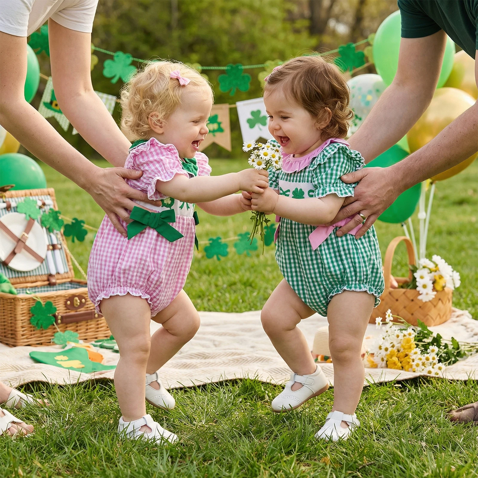 

Summer St. Patrick's Day Infant Baby Girls Bodysuit Shamrock Embroidery Short Sleeve Plaid Jumpsuit Clothes