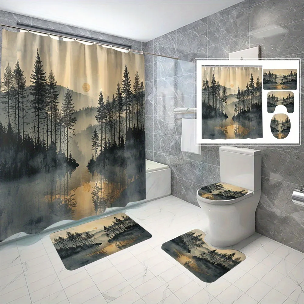 

Набор из 4 водонепроницаемых штор для душа из полиэстера, рисунок лесного пейзажа, с крючками, можно стирать в машине. Подходит для ванной комнаты