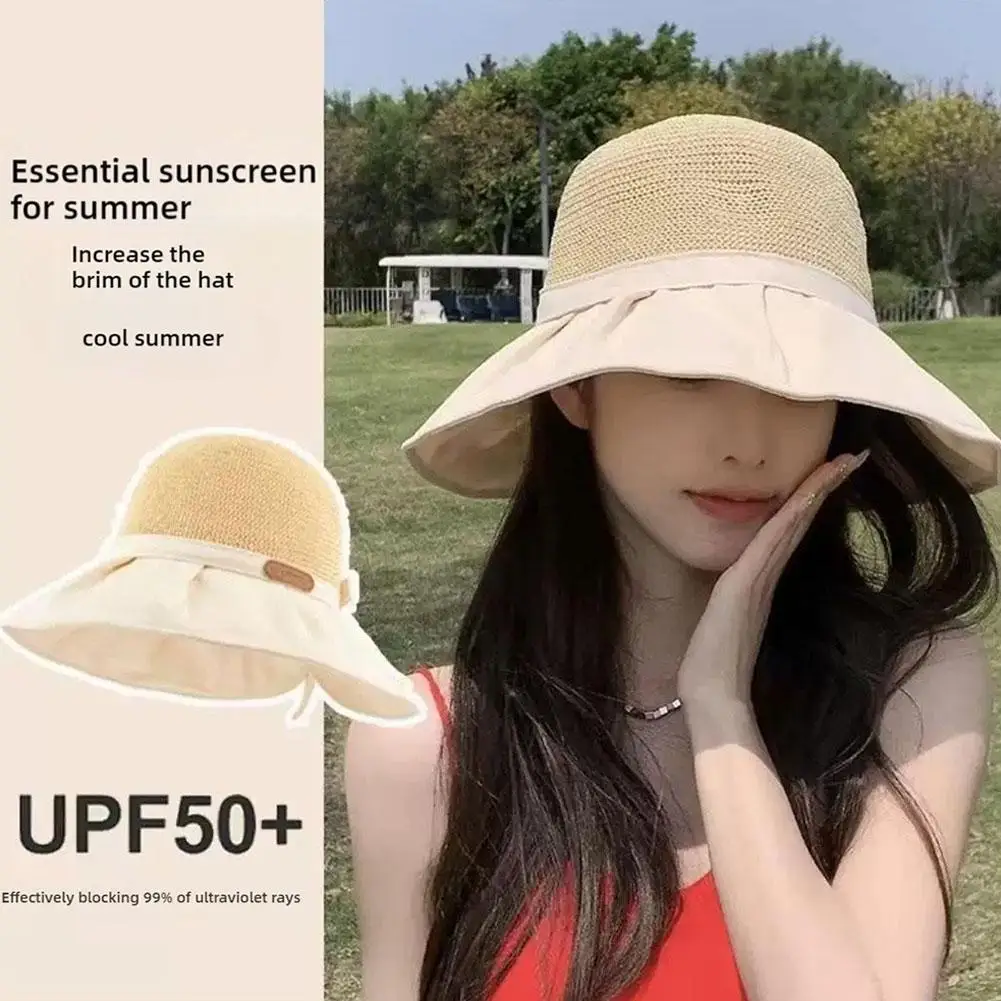 Women's Summer Hat Wide Brim UV Protection Solar Beach Bucket Hats Bow Sun Hat Large Uv Protection Ponytail Travel Panama Caps