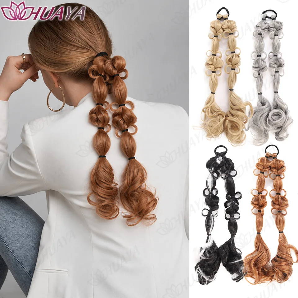 Synthetic Bubble Ponytail Extension with Elastic Hair Tie Bow Detail Double Strands Curly Ends Hair Accessories for Women