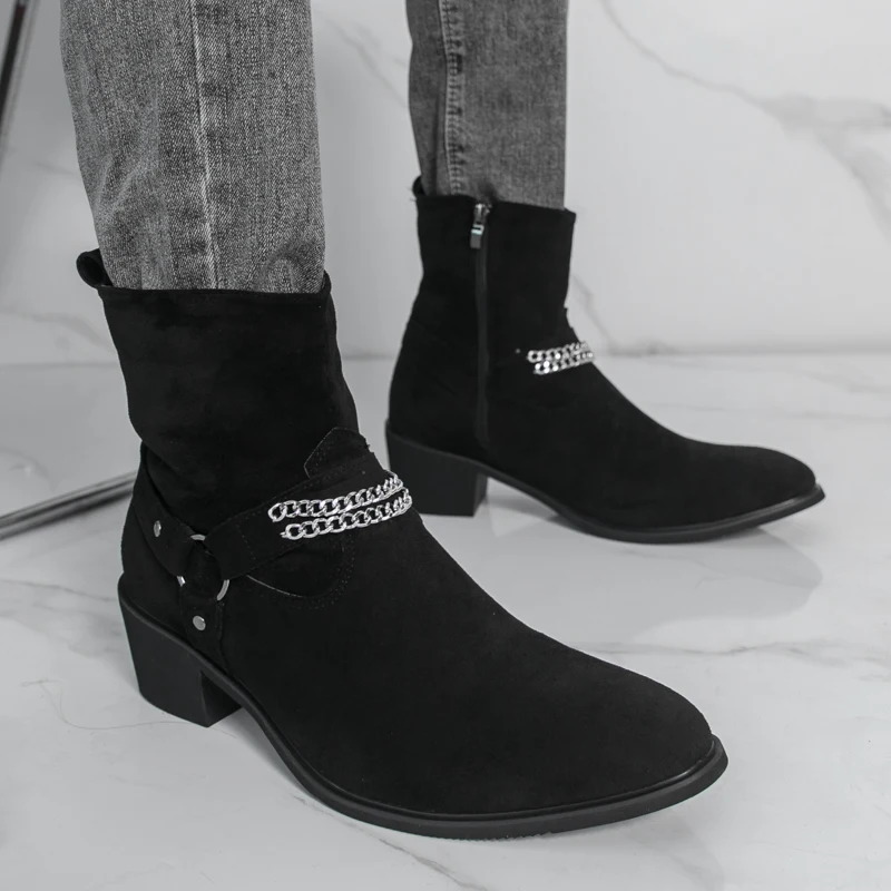 Autumn New High Heels Classcis Men Chelsea Boots Black and Brown Suede Casual Slip on Business Formal Leather Cowboy Ankle Boots