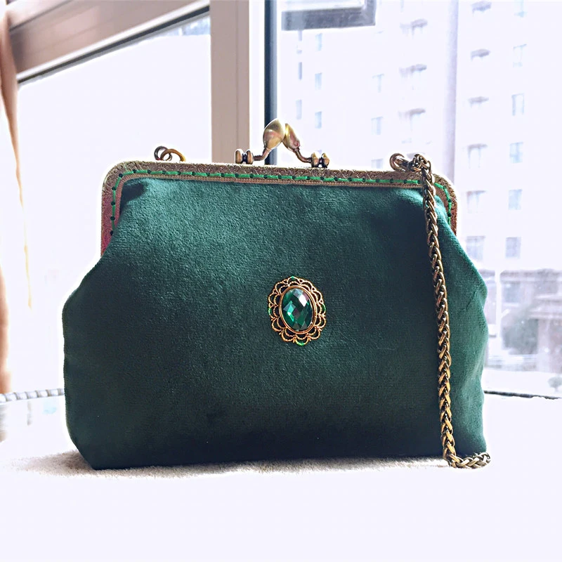 Lost in Vinatge Petrol Green Velvet Clasp Clutch Beset with Diamonds Bag Snap Closure Frame Gold Chain Strap Evening Party