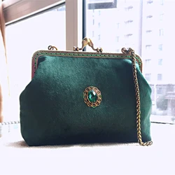 Lost in Vinatge benzina Green Velvet Clasp Clutch Beset con Diamonds Bag chiusura a scatto Frame Gold Chain Strap Evening Party