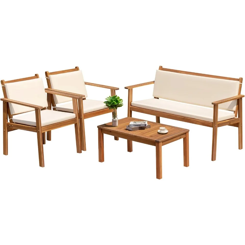 

Outdoor Patio Furniture, 4 Piece Bistro Sofa Set with Coffee Table and Loveseat, Acacia Wood Conversation Sets with Cushions, f