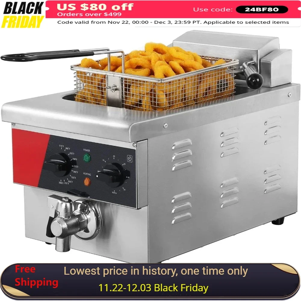 6L Electric Countertop Deep Fryer, 120V 1800W  Extra Large with Drain,Timer,Basket and Lid, Commercial Deep Fryers