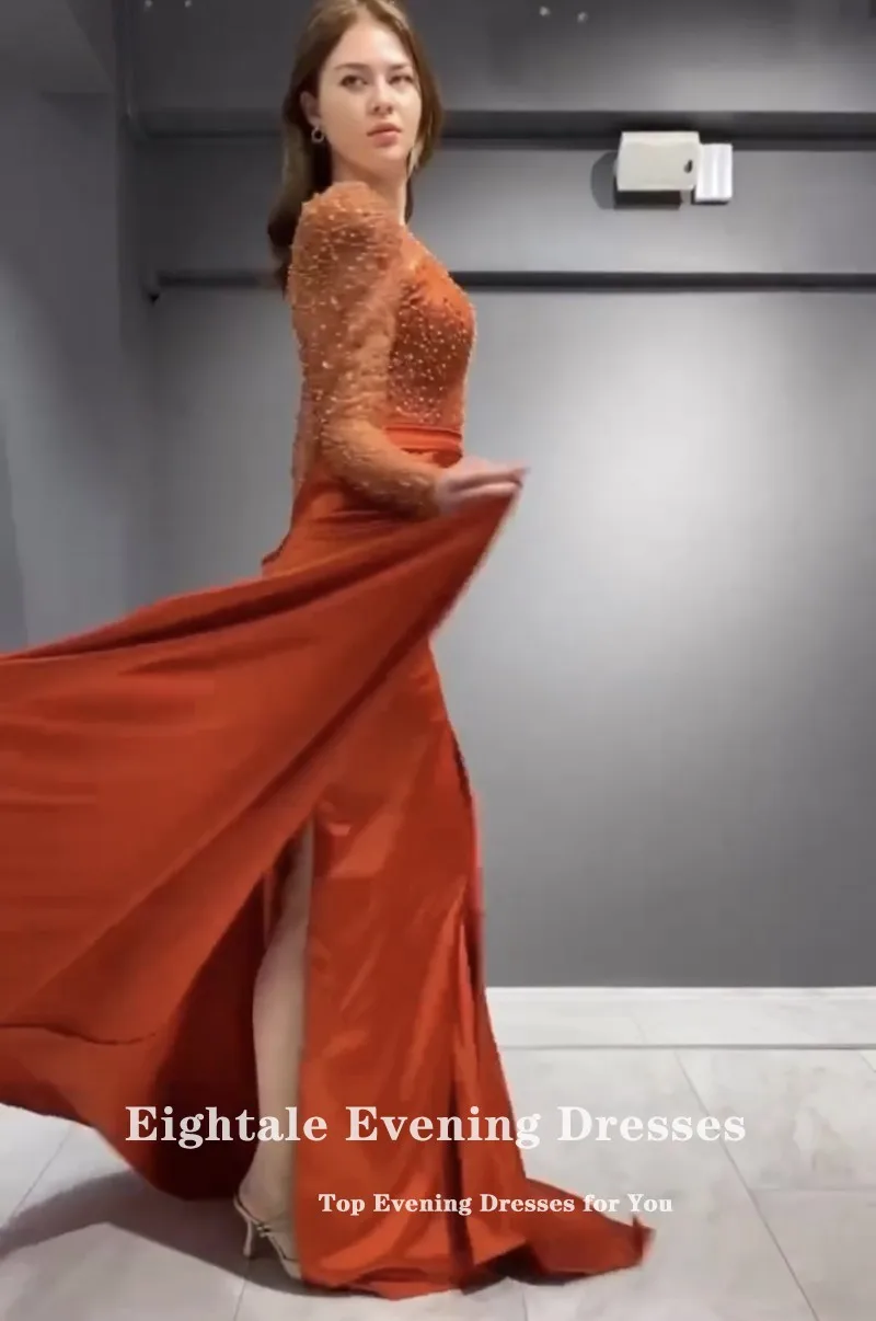 Eightale Sparkly Evening Dresses Orange Red Shiny Luxury Long Sleeves Satin Mermaid Party Prom Gown robe de soirée