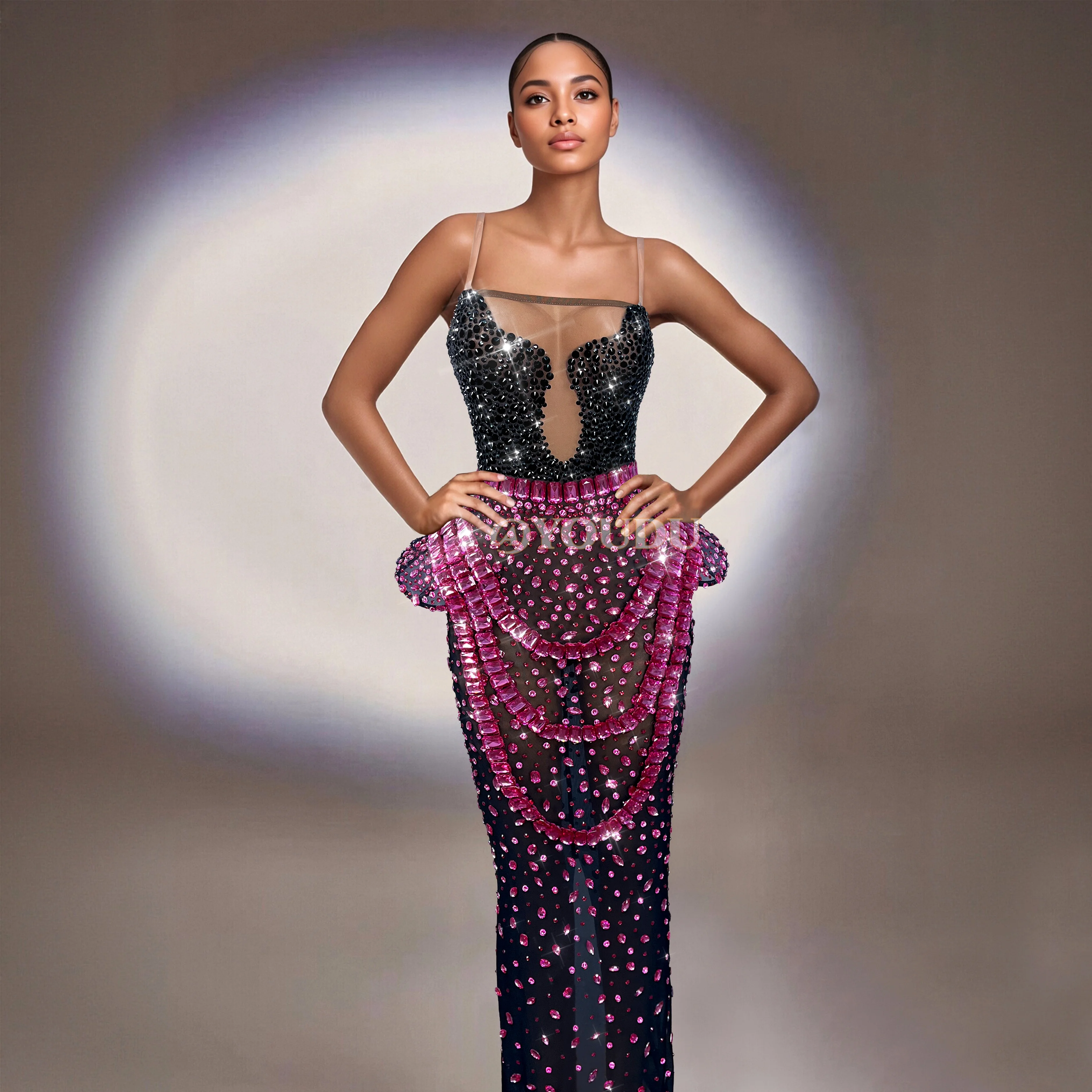 New Sparkly Rhinestones Exquisite Heavy Gown Sexy Transparent Mesh Dress Women Evening Prom Gown Red carpet Show Outfit Xiaolan