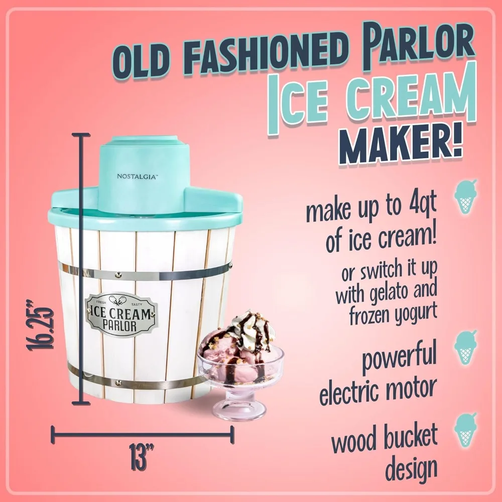 Ice Cream Maker – Wood Bucket Parlor Style, Makes Frozen Gelato in Minutes - Fun Kitchen Appliance – White & Aqua - 4 Quart