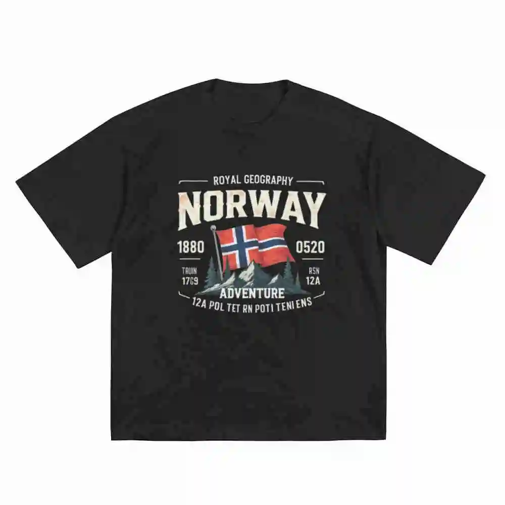 Norwegian Geography Vintage Travel Poster Flag Coordinates Norway Adventure Short Sleeve Tee 100% Cotton T-Shirt