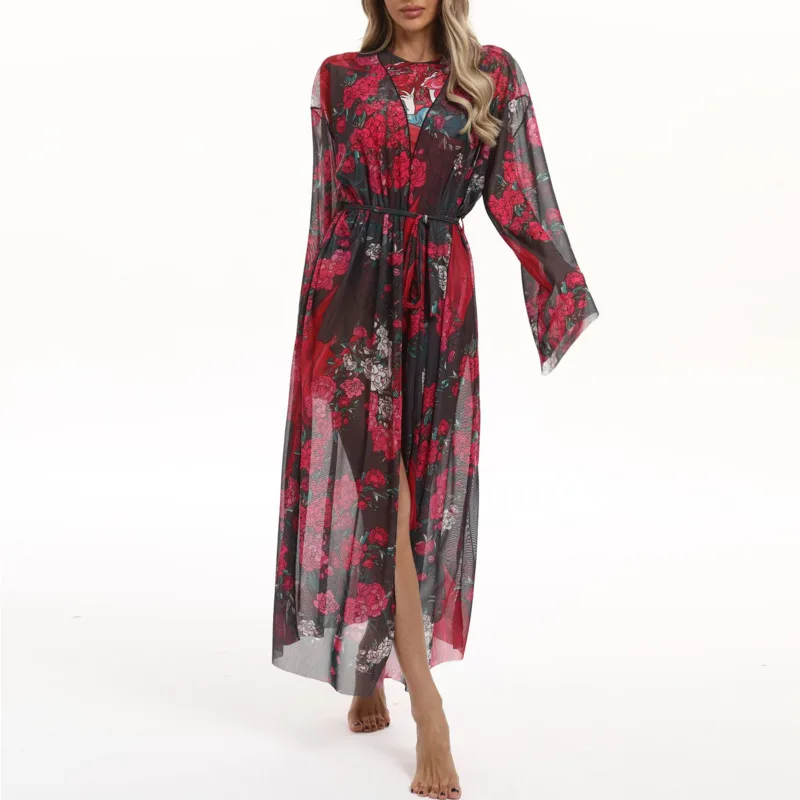 女性用日焼け止めメッシュカバーアッププリントビーチスモックドレスヴィンテージファッションカジュアルワンピースロングスタイル軽量カバーシャツ