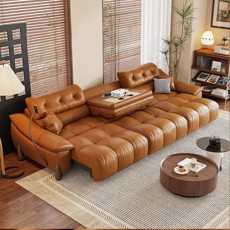 

Italian minimalist electric multi-functional sofa against the wall telescopic living room functional leather cowhide straight