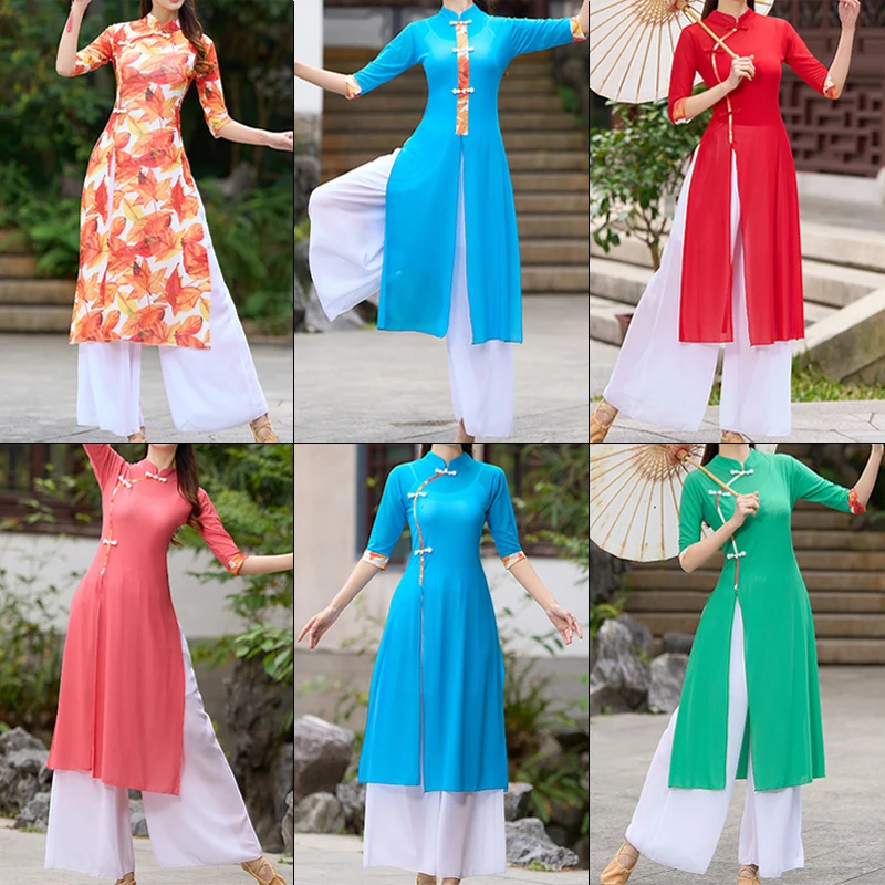 Women Classical Dance Performance Costume Elegant Hanfu Ethnic Style Jiangnan Umbrella Dance Fan Dance Yangko Dress  Cheongsam