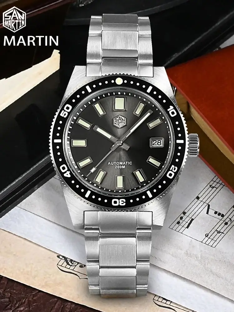 San Martin 62mas V4 41mm Diver Watch Sapphire Applied Logo NH35 Automatic Mechanical Watches Bracelet Date 20Bar Lume SN0007