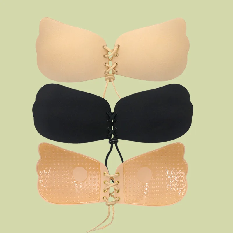 Women Sexy Invisible Black Skin Lace-Up Push Up Bras Silicone Adhesive Strapless Wing Shape Chest Stick Bra Bralette Underwear
