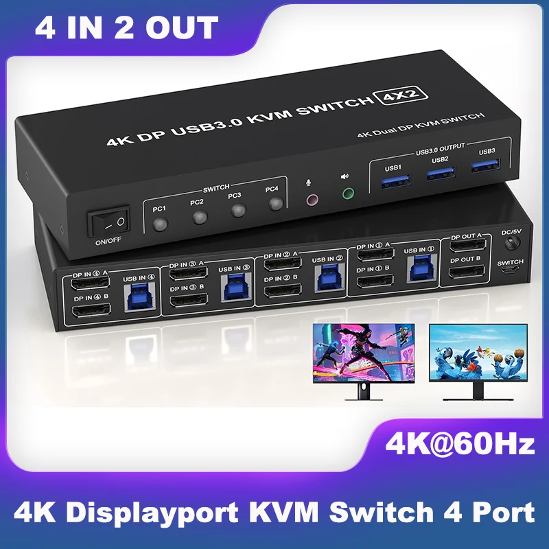 4K@60Hz USB 3.0 KVM Switch Displayport 2 Monitors 4 Computers,4 Port Dual DP Monitor Switch  with Audio for 4 PCs 2 Monitors