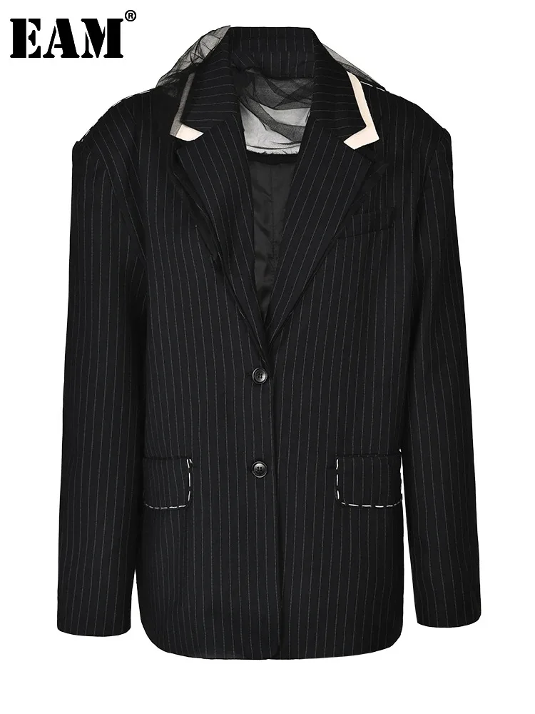 

[EAM] Women Black Striped Topstitched Big Size Blazer New Lapel Long Sleeve Loose Fit Jacket Fashion Spring Autumn 2024 17A6435