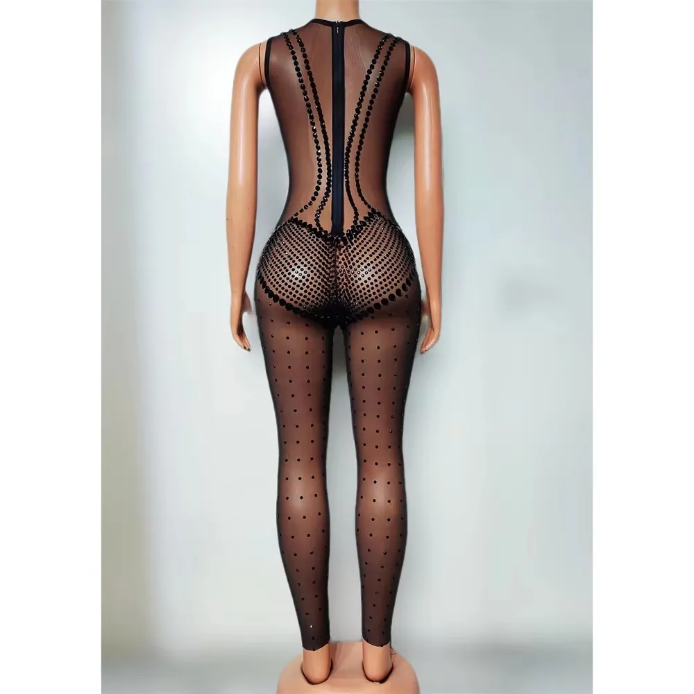 Black Rhinestone Mesh Tight Jumpsuit Sexy Dance Costume Crystal Leotard  DJ Nightclub Bar Performance Transparent Stage Outfit