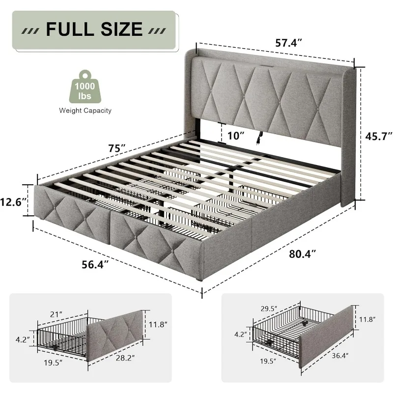 Full Bed Frame with 4 Storage Drawers,Upholstered Button Tufted Storage Headboard with Fast Charging Station,No Box Spring Need