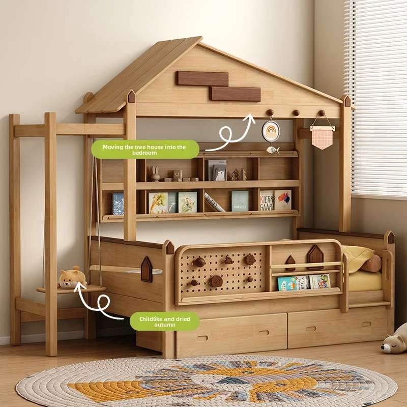 ！@Solid Wood Children's with Guardrails Mid-Height for Boys Solid Wood Treehouse with Storage Bed with Swing for Gir
