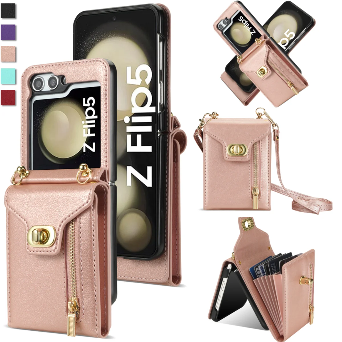 Crossbody Phone Case for Samsung Galaxy Z Flip 6 5 4 3 5G Flip4 Flip5 Flip3 Retro Wallet Cards Holder Shockproof Leather Lanyard