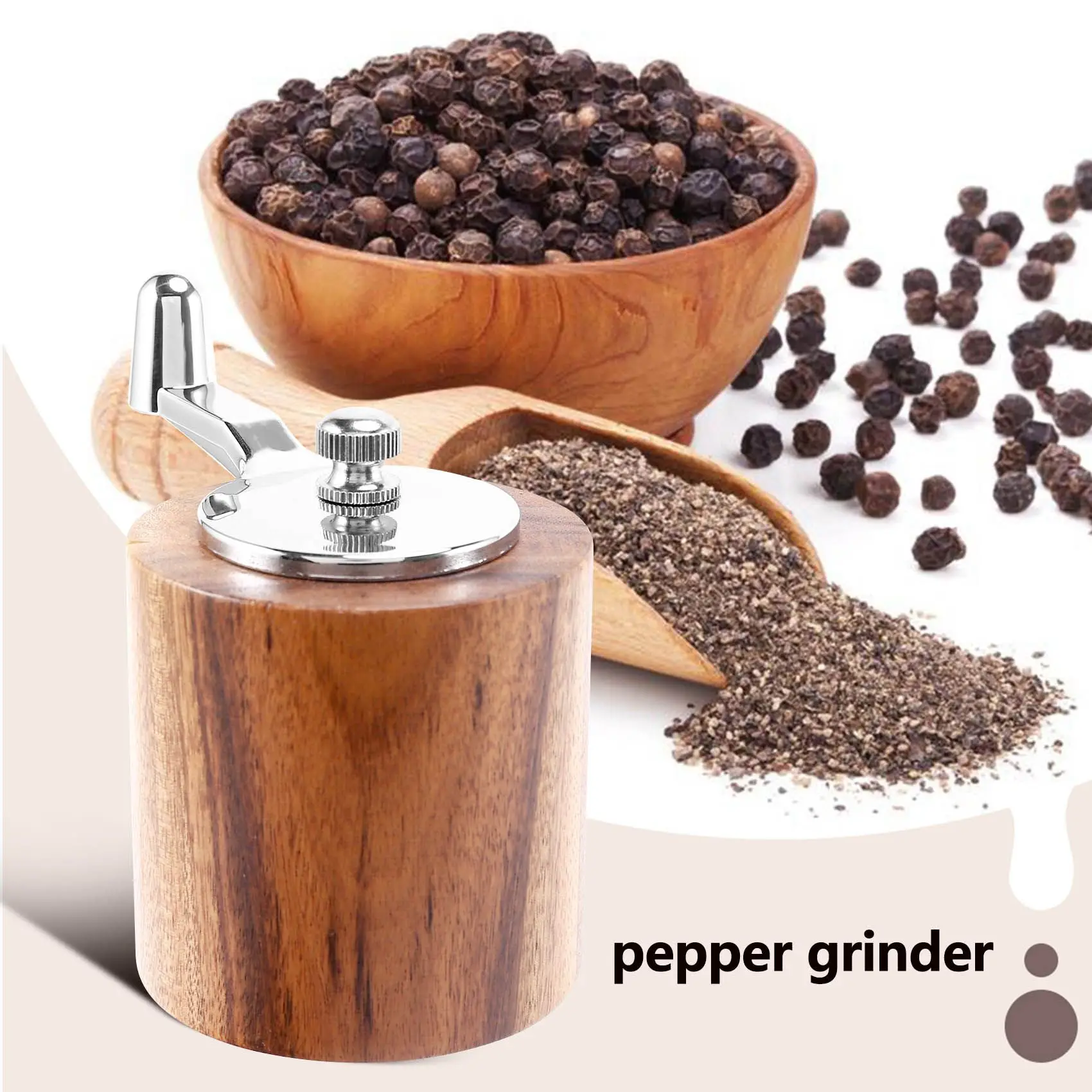 Salt and Pepper Mill, Hand Crank Wood Pepper Grinder Salt Shaker with Classic Handle and Adjustable Ceramic Rotor