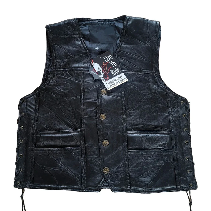 Punk Eagle Embroidered Men Genuine Leather Vests Outdoor Sleeveless Jacket Motorcycle Riding Biker Waistcoat Men's Clothing