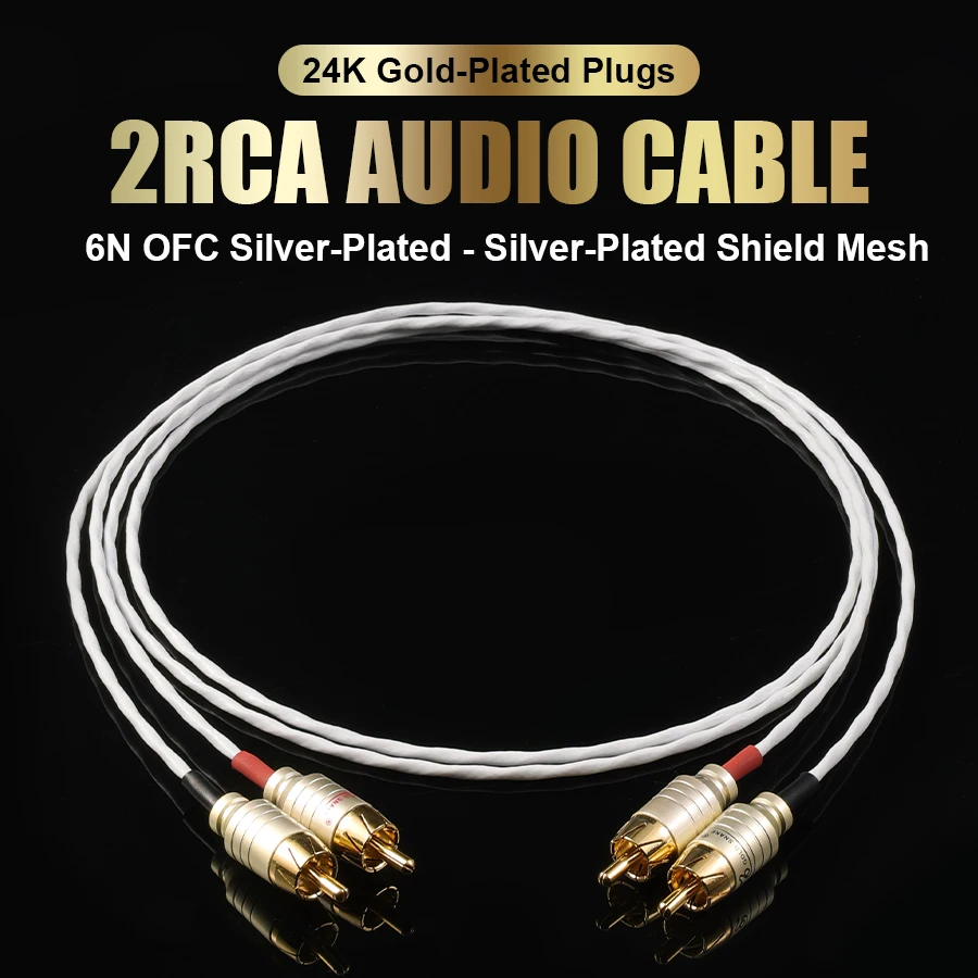 1 Pair Silver-Plated OFC 2RCA Interconnect Cable, Silver Braid 24K Gold Plugs HiFi for Amp DAC Preamp Home Audio