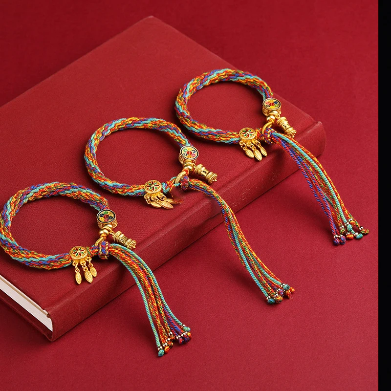 العرقية نمط المنسوجة التبتية سوار الضفائر الملونة الصلاة البوذية التبتية تعويذة اليد الصلاة عجلة الأساور اليد حبل هدية
