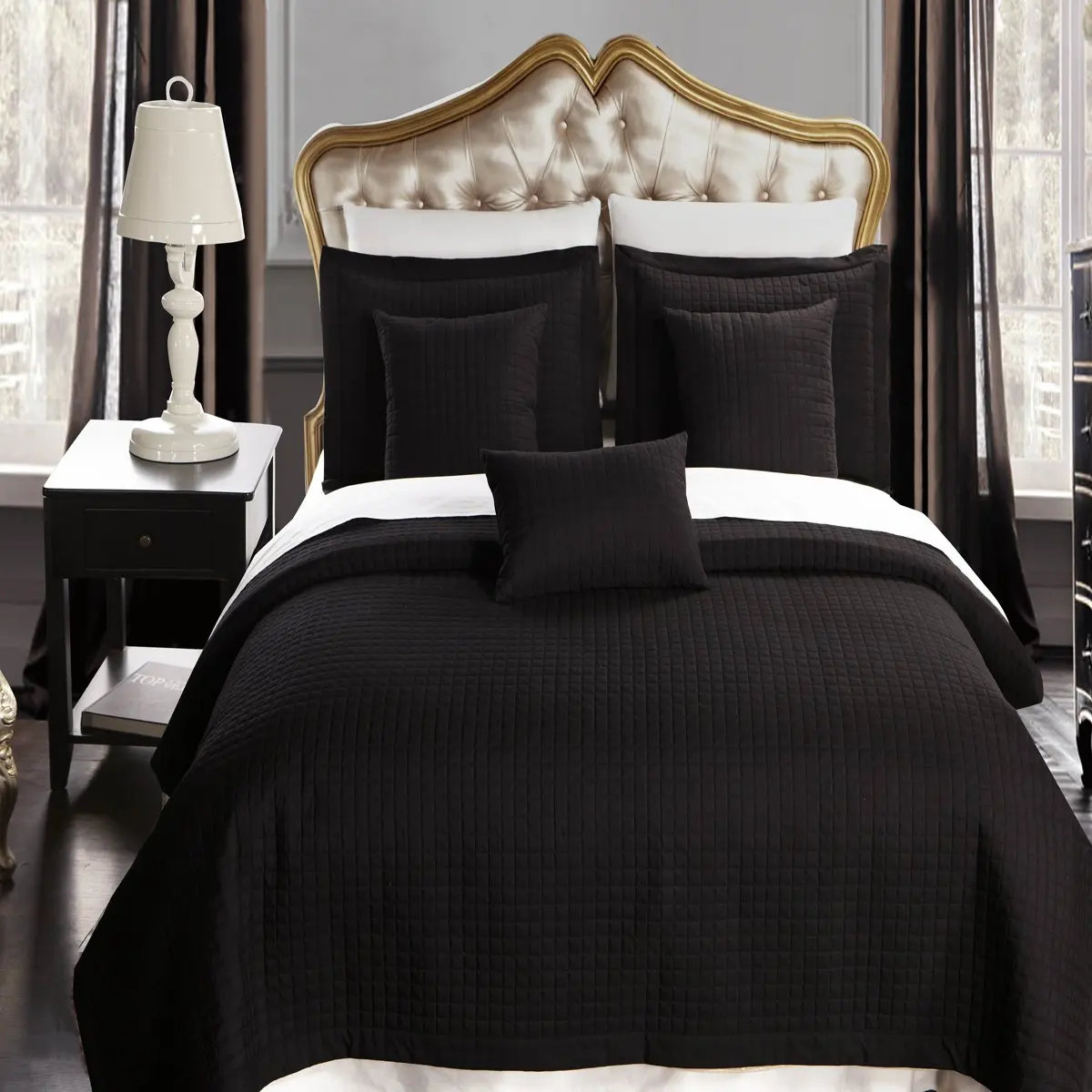 7PC King Bedding Set – Checkered Quilt Coverlet Bedspread with 4PC Sheet Set, Hotel Style Bed in a Bag, Black