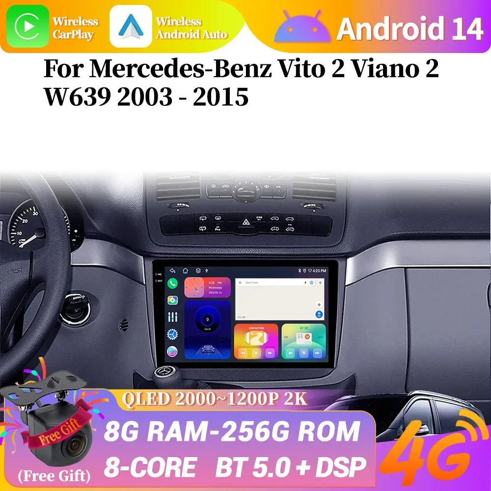 

Android 14 для Mercedes-Benz Vito 2 Viano 2 W639 2003-2015 авто Carplay автомобильный радиоприемник мультимедийная навигация GPS экран