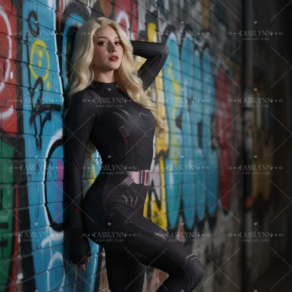 Widow Cosplay Zentai Bodysuit, Black Silver Red Tactical Print Jumpsuit, Women Superhero Costume for Halloween Comic Con view 4