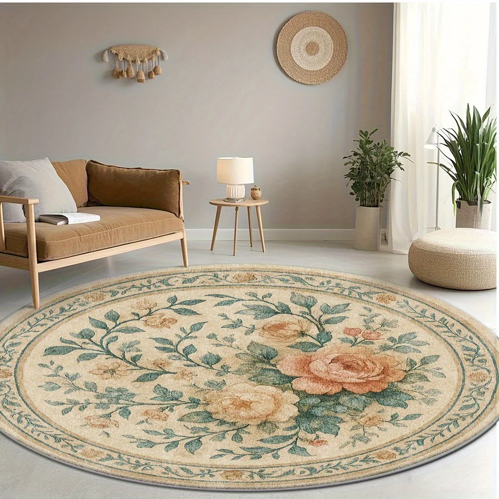 Luxurious Round Floral Botanical Pattern Area Rug for Living Room Bedroom Home Decor Polyester Cushion Mat Washable Bohemian Sty