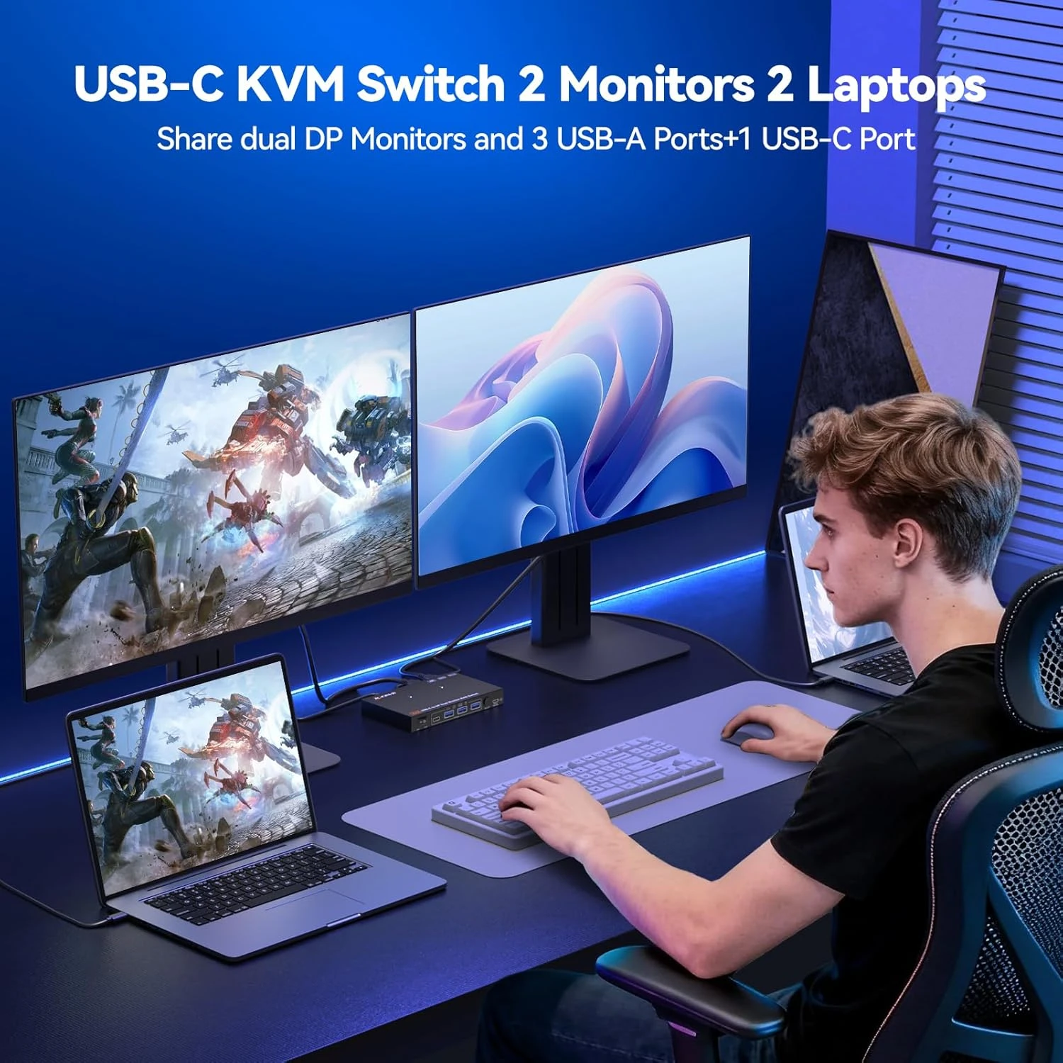 4K@60Hz USB C KVM Switch, 2 Monitors KVM for 2 Laptops Share Dual External Displays and 4 USB3.2 Peripherals,10Gbps